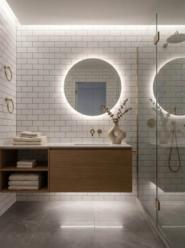 Modern hotel-style bathroom with white subway tile, oak vanity, backlit round mirror, and glass shower.