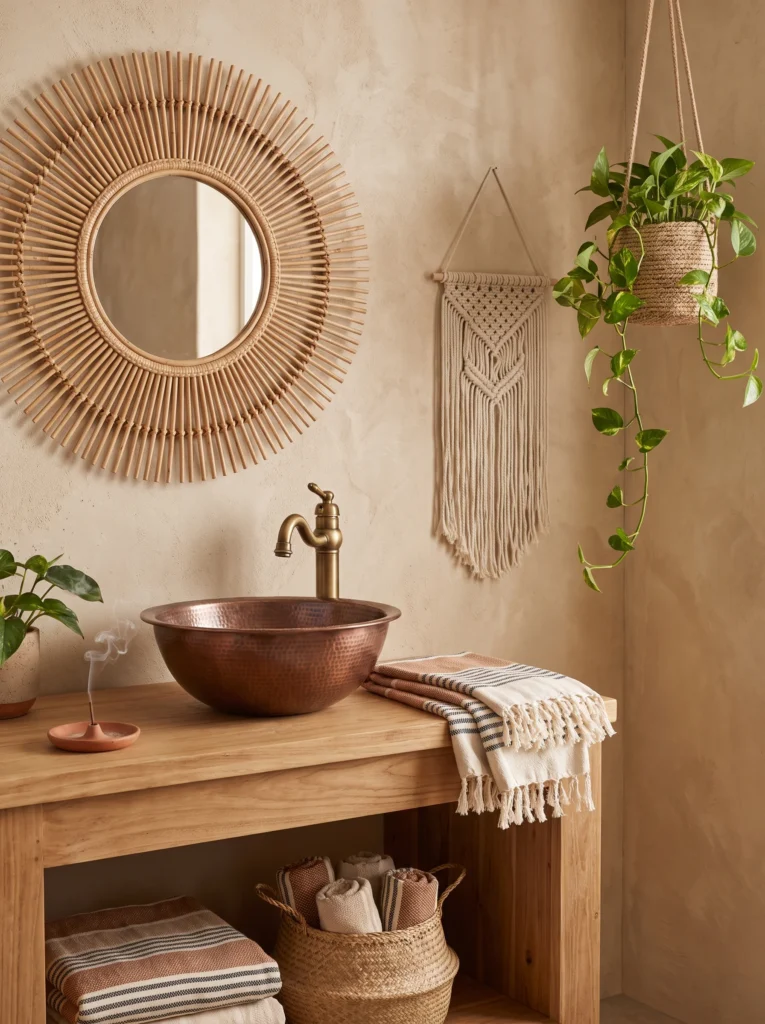 boho guest bathroom with beige plaster walls, rattan sunburst mirror, hammered copper vessel sink, and macramé wall hanging
