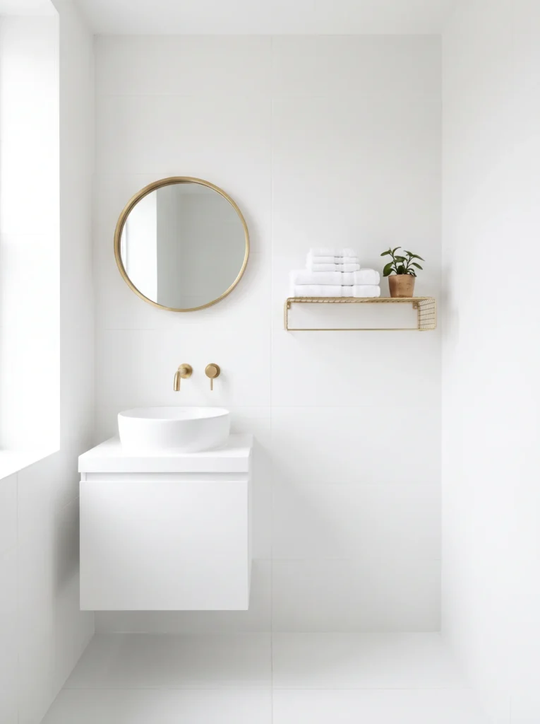Greige bathroom with open wood console vanity, white vessel sink, round mirror, marble backsplash, brushed nickel faucet, and woven storage basket
