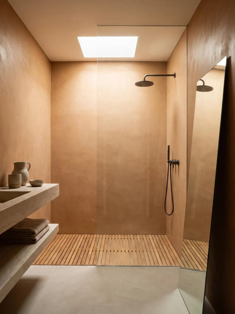Skylit Walk-In Shower with a Teak Slat Floor