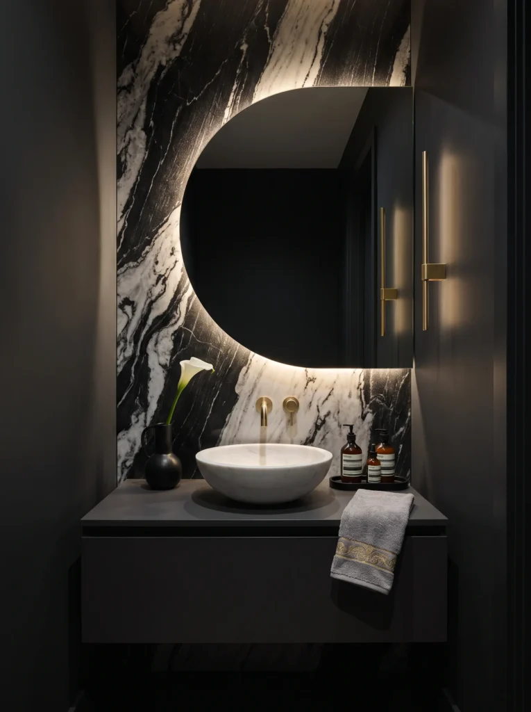 luxe dark guest bathroom with black and white veined marble slab, half-moon backlit mirror, white stone vessel bowl, and gold faucet