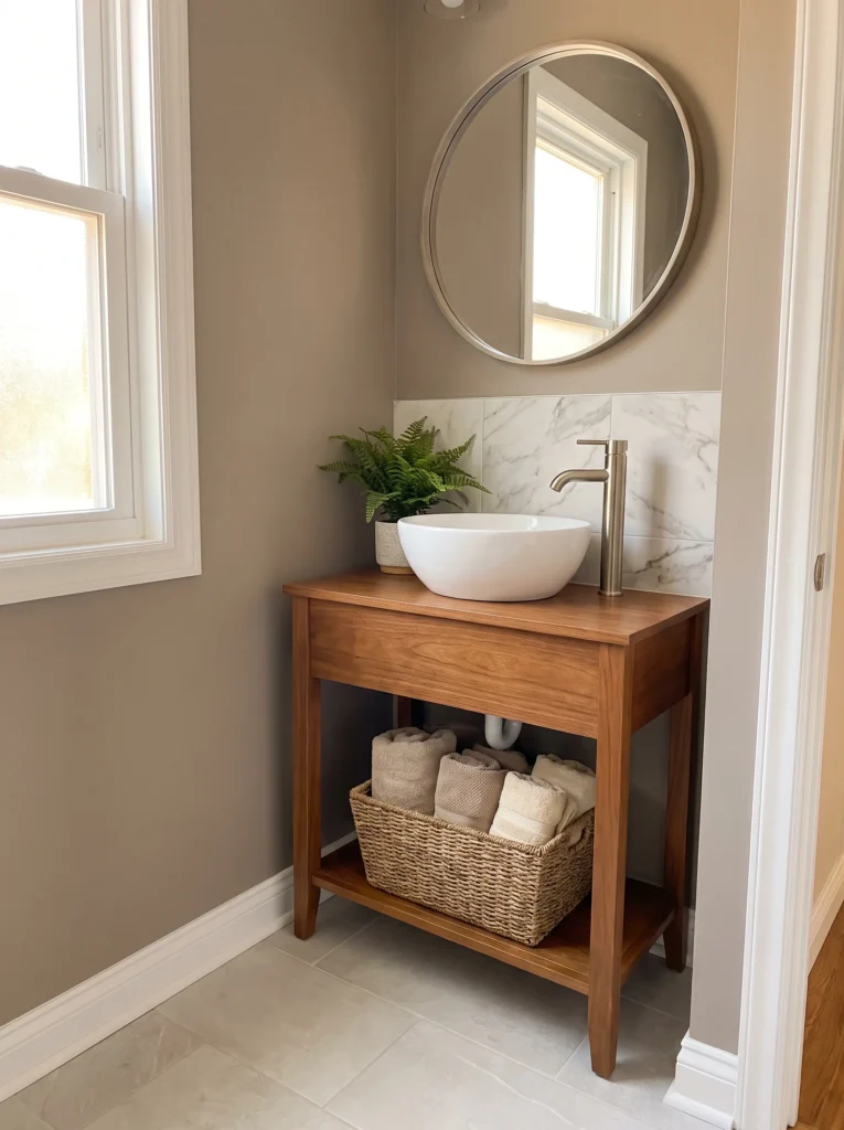 Bright all-white bathroom with white floating vanity, round gold mirror, white vessel sink, gold wall faucet, and gold wire wall shelf with towels