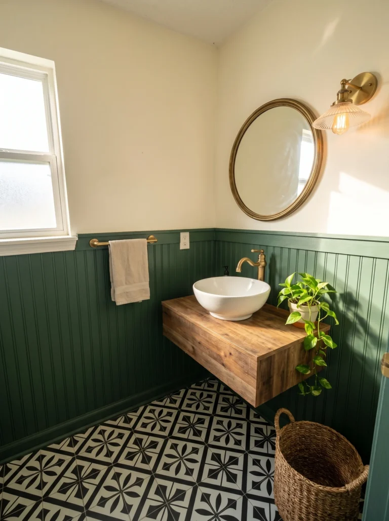 After photo of the same powder room with forest green beadboard, a reclaimed wood floating vanity, vessel sink, and black and white patterned floor