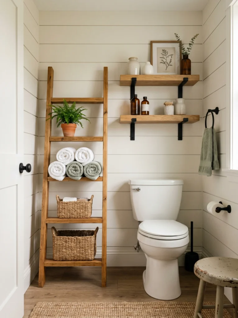 small farmhouse bathroom with cream shiplap walls, a leaning wood ladder shelf holding rolled towels and baskets, two floating oak shelves on black brackets, a white toilet, sage towel, and jute rug