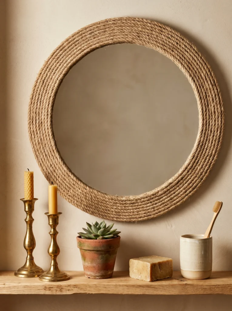 Round jute rope-framed mirror above a raw wood shelf styled with brass candlesticks, a terracotta succulent pot, soap bar, and bamboo toothbrush in a stoneware cup