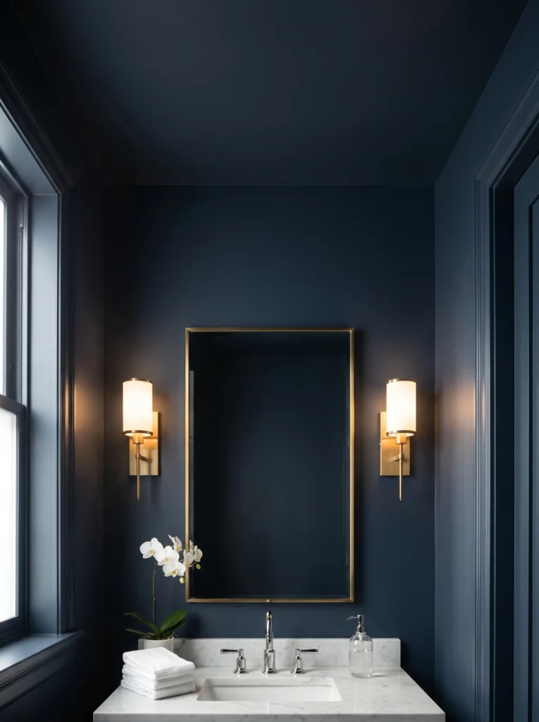 Narrow powder room with deep navy walls and navy ceiling fully painted, marble vanity top, brass framed mirror flanked by two warm glass sconces, white orchid, and folded white towels