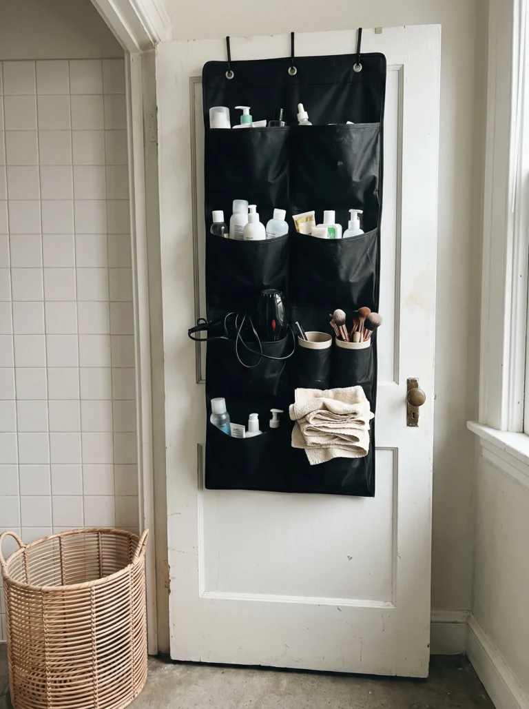 A black canvas over-the-door organizer with multiple pockets hanging on a white dorm bathroom door, filled with skincare bottles, a hairdryer, and makeup brushes, with white subway tile on the left wall and a woven basket on the concrete floor