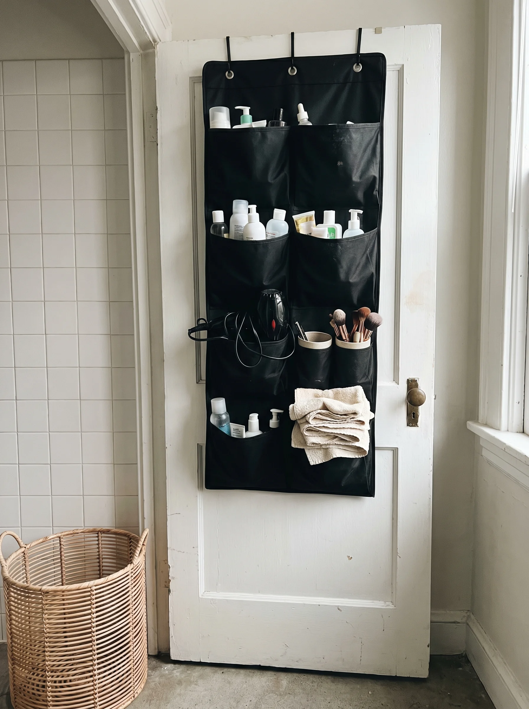 A black canvas over-the-door organizer with multiple pockets hanging on a white dorm bathroom door, filled with skincare bottles, a hairdryer, and makeup brushes, with white subway tile on the left wall and a woven basket on the concrete floor