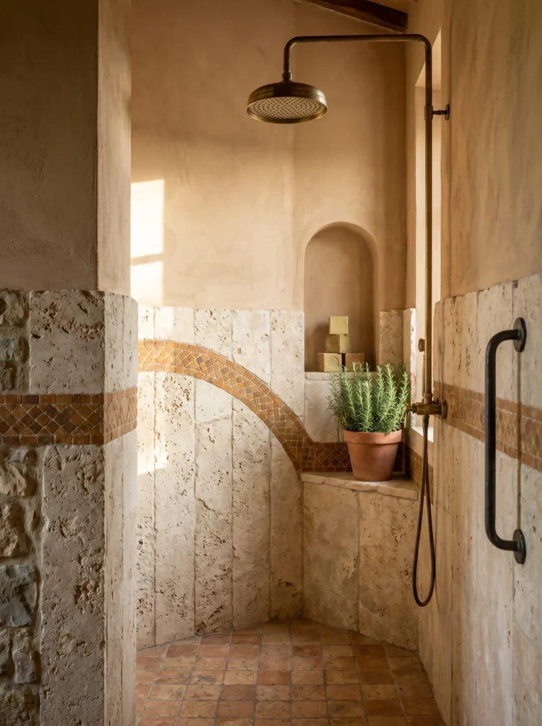 Doorless Tuscan walk-in shower with travertine walls, a terracotta mosaic arch, aged brass showerhead, and potted rosemary on a stone ledge