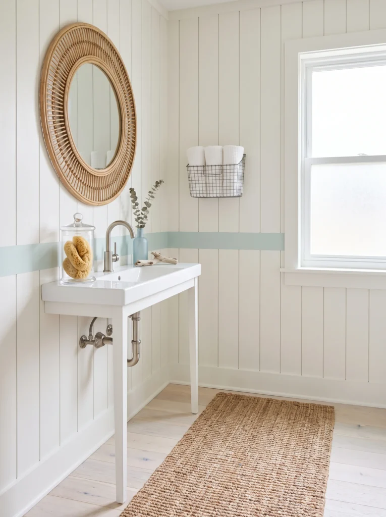 coastal guest bathroom with white vertical shiplap, seafoam stripe, round rattan mirror, and white console sink