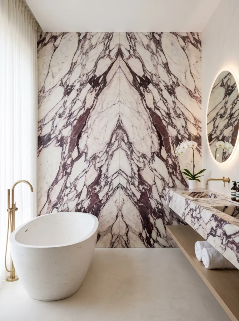 luxury bathroom with a floor-to-ceiling book-matched Calacatta Viola marble wall in burgundy and plum, white tub, gold fixtures, round backlit mirror