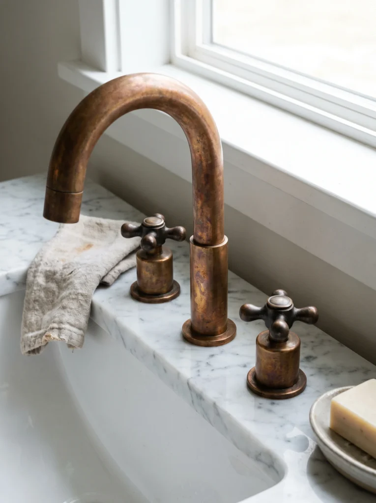 an unlacquered brass widespread bathroom faucet with cross handles mounted on a white marble vanity, developing a warm patina