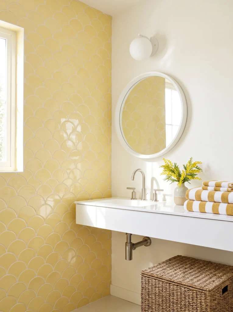  cheerful guest bathroom with glossy butter-yellow fish-scale tile, white floating vanity, round white mirror, and striped towels