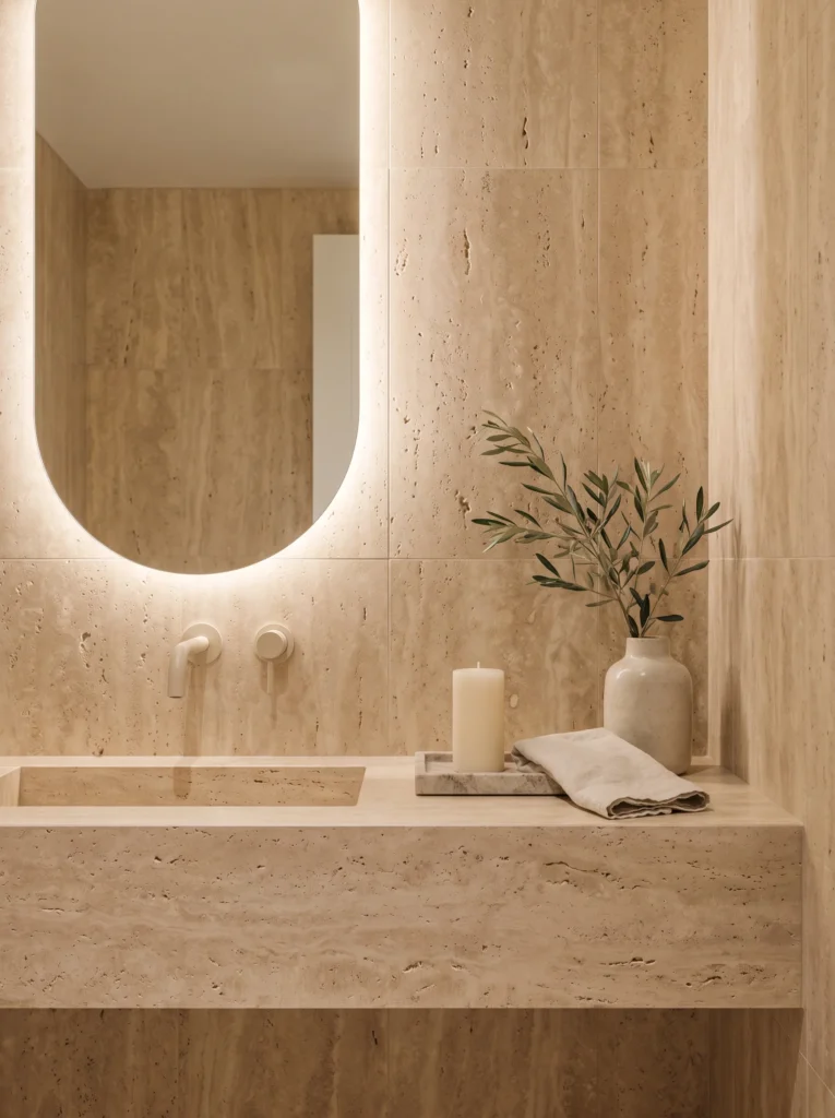 refined minimal guest bathroom with warm travertine walls, integrated travertine sink ledge, oval backlit mirror, and olive branch
