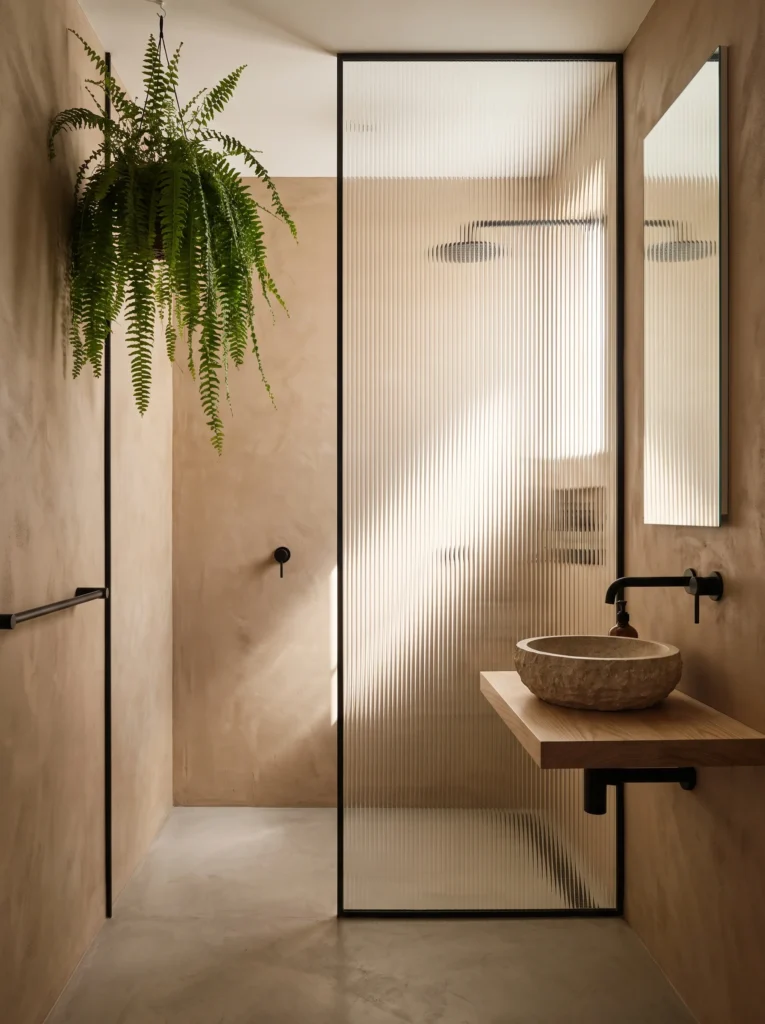 Oak Vanity with a Raw Stone Vessel and Soft Window Light