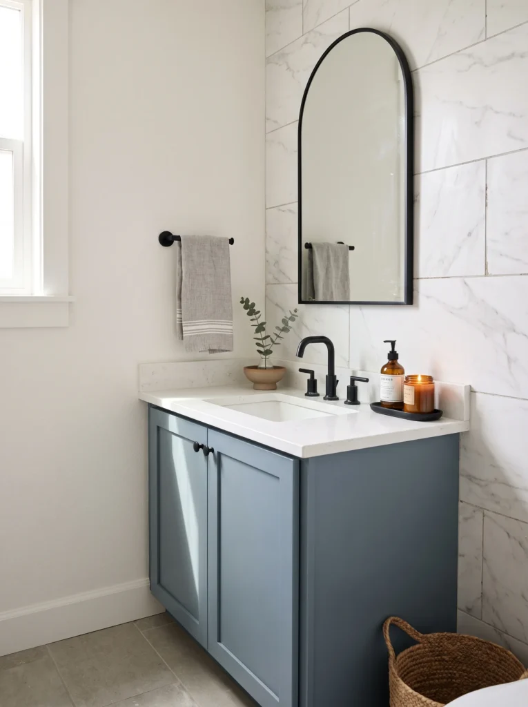 updated guest bathroom with dusty blue shaker vanity, white marble-look tile wall, black arched mirror, and black fixtures