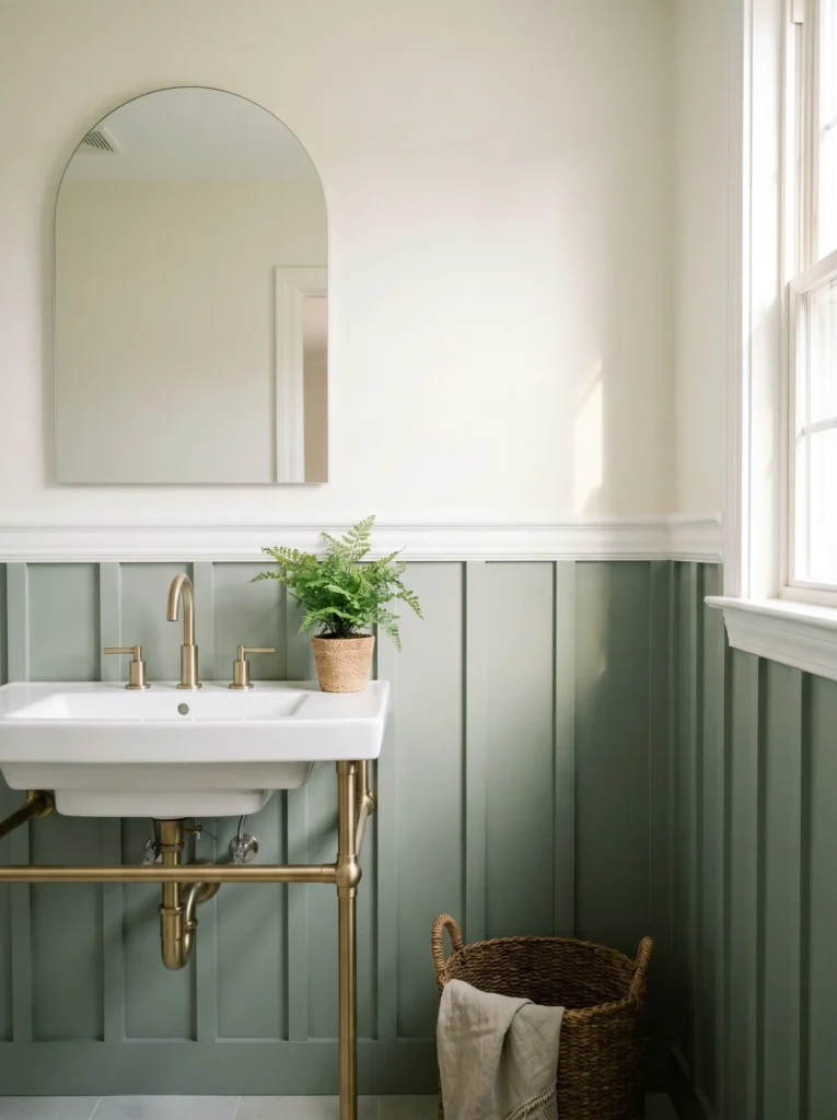 Bathroom with soft sage green board-and-batten wainscoting on the lower half, warm white wall above, white chair rail divider, white sink, gold faucet, arched mirror, fern in a woven pot, and a wicker basket