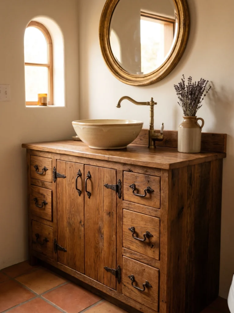 Rustic reclaimed wood bathroom vanity with iron hardware, a cream ceramic vessel sink, brass gooseneck faucet, and a round gilded mirror