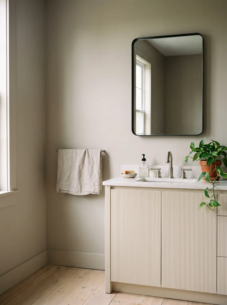 warm greige guest bathroom with ribbed cream vanity, white quartz top, black mirror, and linen towel