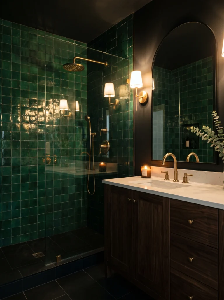 moody dark bathroom with glossy emerald-green zellige shower tiles, brass fixtures, wood vanity, arched mirror, and a lit candle