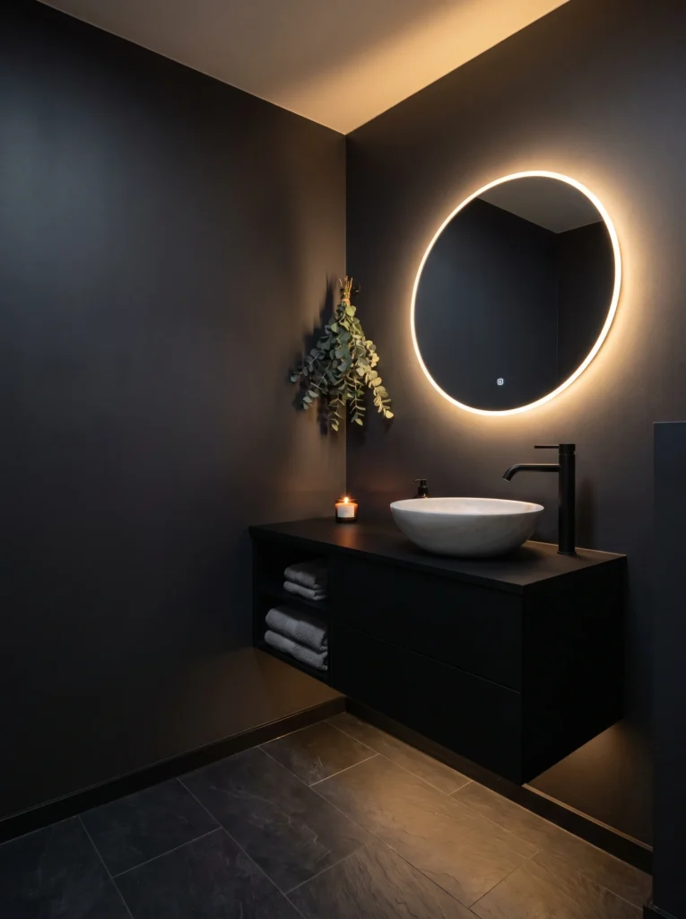 Dark charcoal spa bathroom with backlit round LED mirror, black floating vanity, white stone vessel sink, black faucet, and slate floor