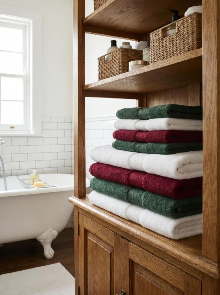 a neat stack of white, bordeaux, and forest green Turkish cotton bath towels folded on an open wooden shelf in a classic bathroom