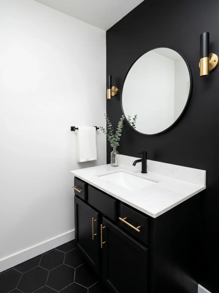 After photo of the same powder room with a matte black accent wall, black vanity with gold pulls, round mirror, and modern brass sconces