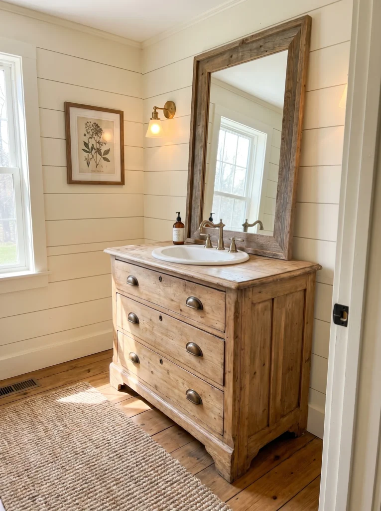 farmhouse bathroom with cream horizontal shiplap walls, a salvaged pine dresser converted into a vanity with a drop-in sink and brass cup pulls, a tall barnwood-framed mirror, brass faucet, and a jute runner