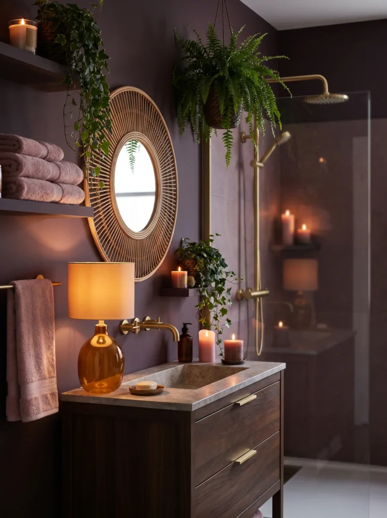 Dark plum boho bathroom with a round rattan sunburst mirror, hanging fern, amber glass lamp, dusty rose towels, and brass shower fixtures lit by candlelight