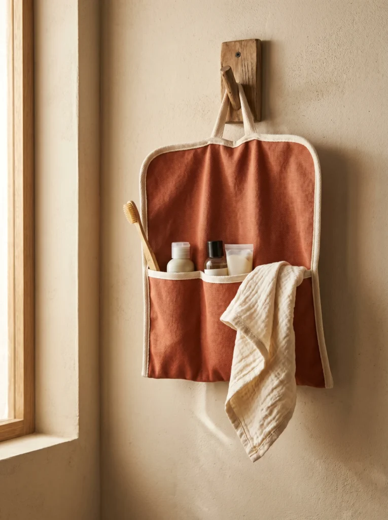 A terracotta canvas hanging toiletry organizer with cream trim hanging from a wooden peg on a plaster wall, holding a bamboo toothbrush, travel bottles, and a cream washcloth, lit by warm window light