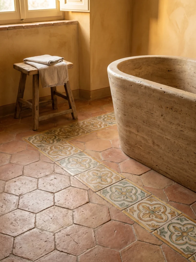 Tuscan bathroom floor in terracotta hexagon tiles with a hand-painted majolica tile border running beside a carved travertine soaking tub
