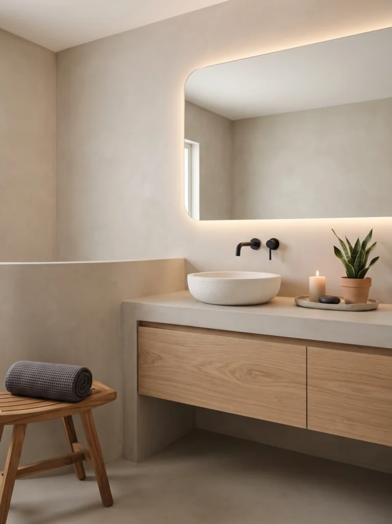 spa-style guest bathroom with greige microcement walls, oak floating vanity, stone vessel sink, and backlit mirror