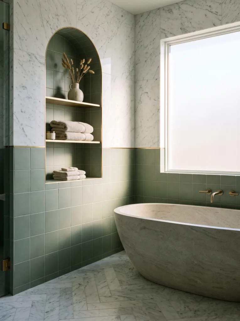 serene bathroom with lower sage-green square tiles and upper white marble, brass trim line, herringbone floor, arched niche with brass shelves, stone tub