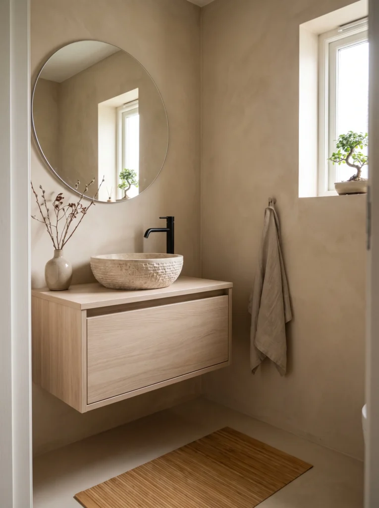 Beige microcement bathroom with round frameless mirror, light wood floating vanity, textured stone vessel sink, black faucet, and bamboo bath mat