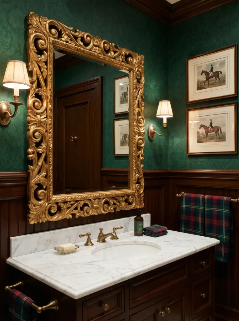 an ornate gilt-framed rectangular mirror hung above a marble vanity, anchoring a Ralph Lauren style bathroom wall