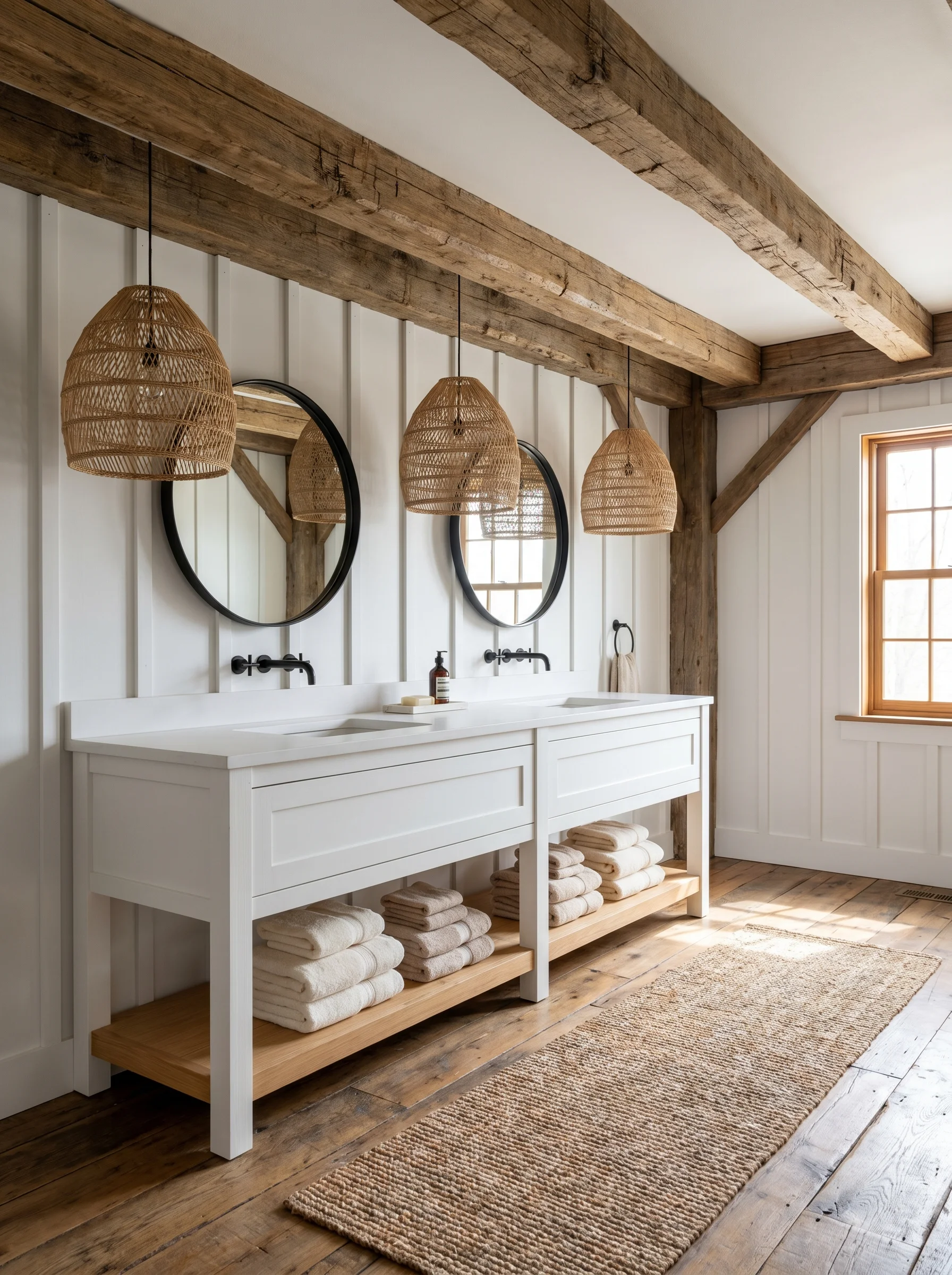 spacious farmhouse bathroom with rough-hewn wood ceiling beams, white board-and-batten walls, a long white double vanity with a light wood lower shelf stacked with towels, round black mirrors, and woven pendant lights