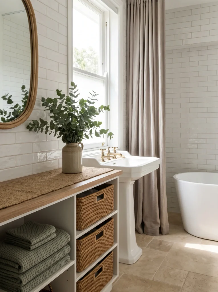 Bright boho bathroom with white subway tile, round wood-framed mirror, eucalyptus in a stoneware jug, woven storage baskets, sage waffle towels, and a freestanding tub