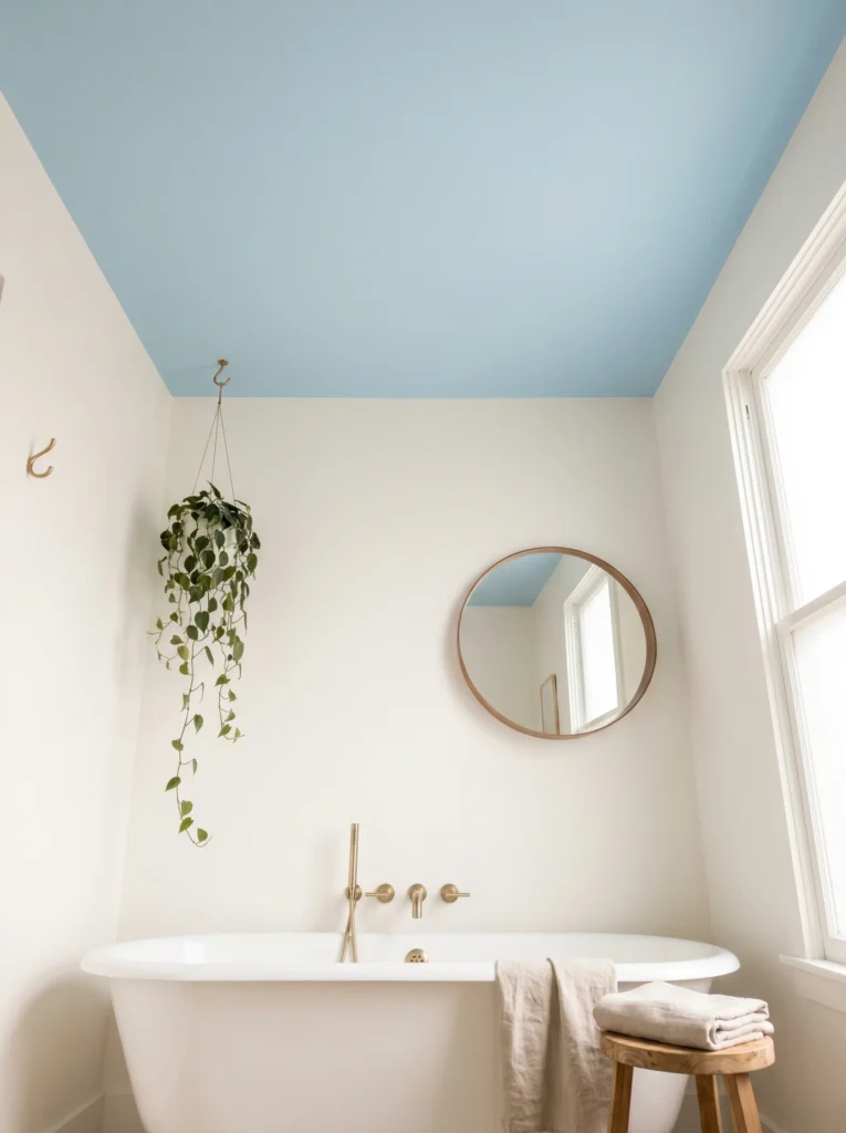 White bathroom with a soft sky blue painted ceiling, freestanding white tub, brass tub filler, trailing hanging plant, round wood-framed mirror, and a wooden stool with folded towels