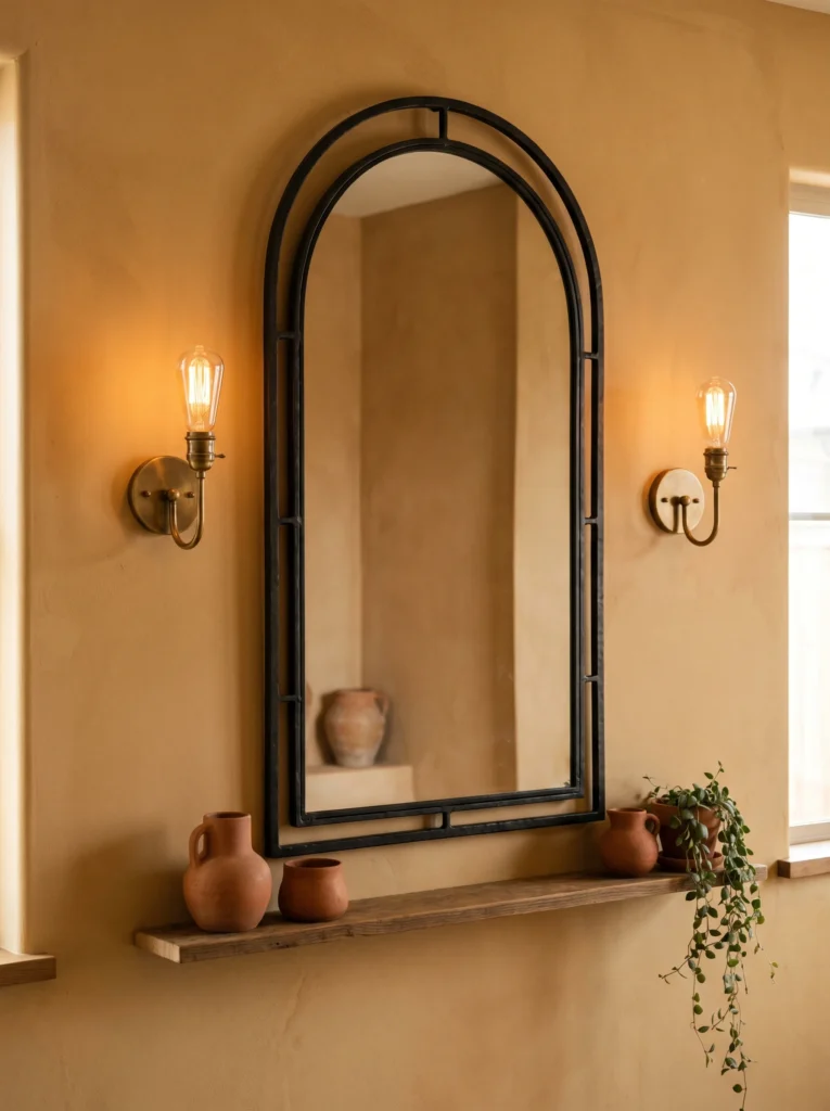 Warm ochre plaster wall with a tall arched wrought iron mirror, two brass Edison sconces, and a wood ledge holding terracotta vases and a trailing plant