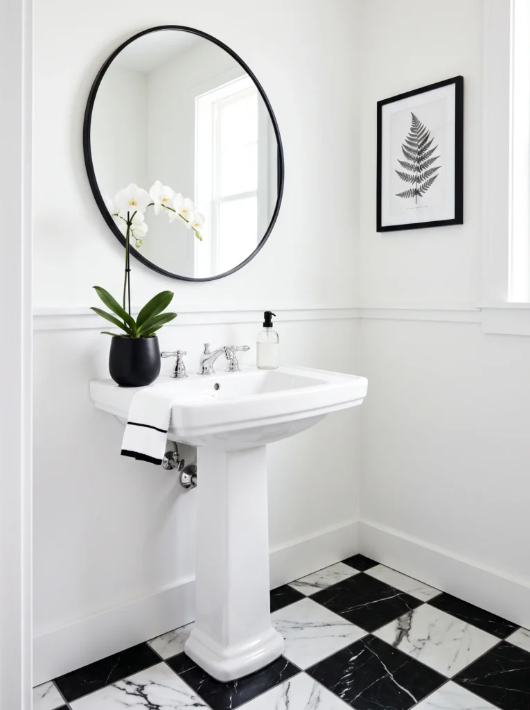 classic black and white guest bathroom with marble checkerboard floor, white pedestal sink, and round black mirror