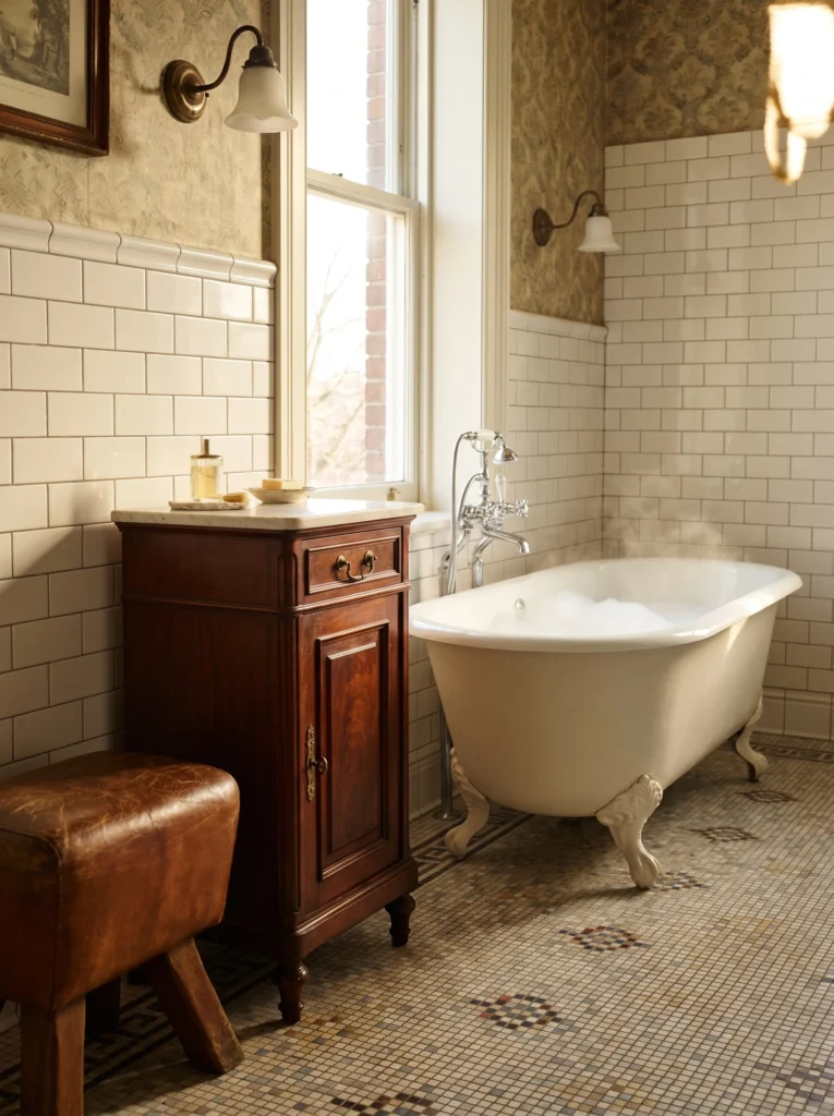 a small mahogany cabinet with brass hardware and a leather stool placed beside a freestanding bathtub in a heritage style bathroom