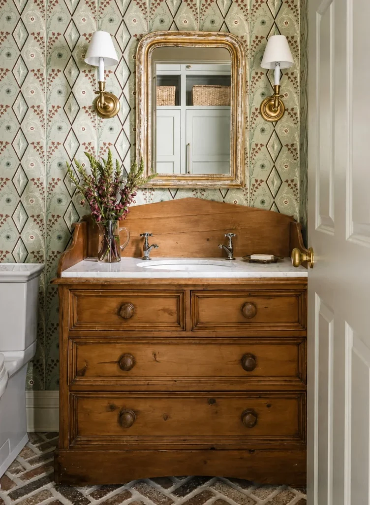 Dark academia bathroom with antique dark walnut dresser vanity, white marble vessel sink, ornate brass mirror, and glass apothecary jars on the counter]