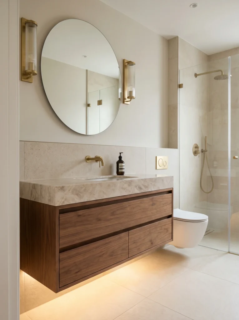 Modern bathroom with floating walnut vanity, glowing under-cabinet light, round mirror, and walk-in shower.