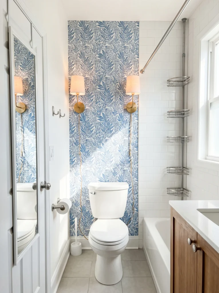 Rental bathroom decorated with peel-and-stick wallpaper and plug-in fixtures, all damage-free.