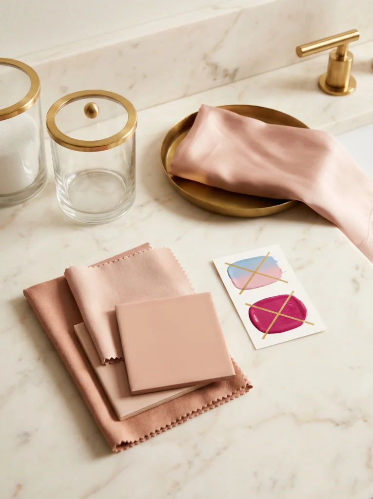 Comparison of wrong cool-toned pinks versus correct warm blush shades for a bathroom