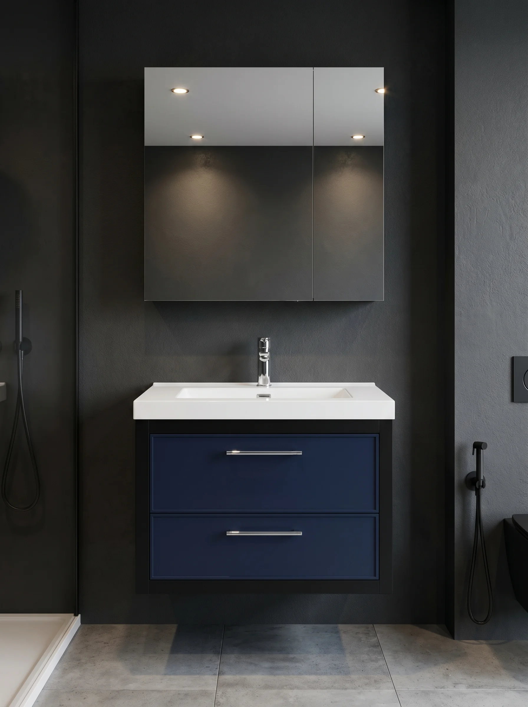 Floating navy two-drawer vanity in a dramatic dark bathroom