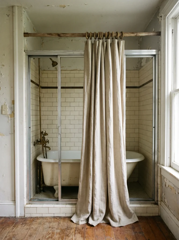 bathroom shower with old sliding doors removed and replaced by floor to ceiling fabric curtain