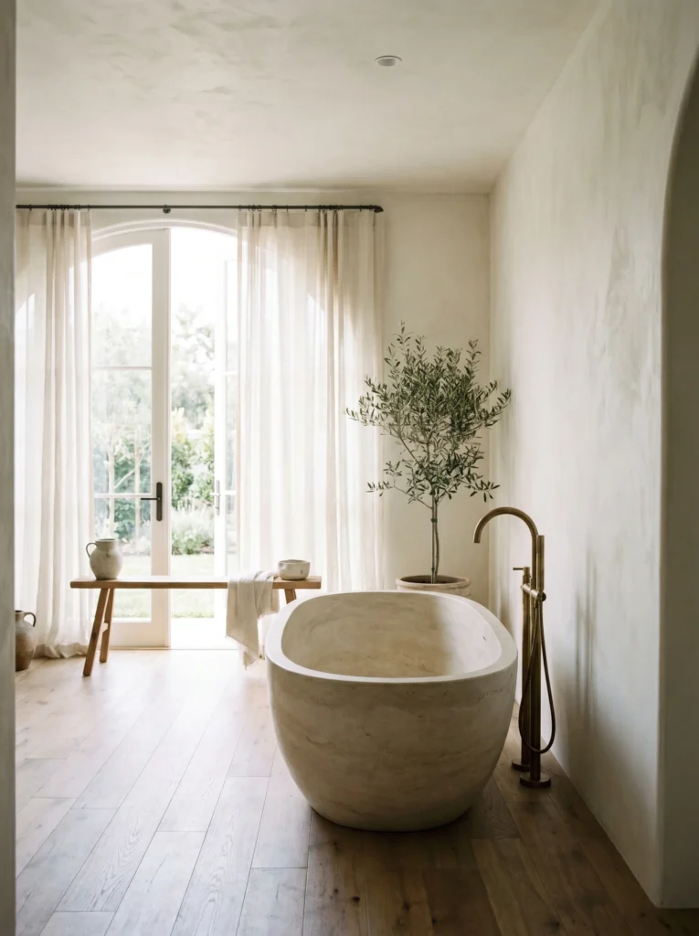 A compact warm bathroom with plaster walls, a fluted oak floating vanity, a round brass-framed mirror, brushed brass wall taps, recessed shelf niches with towels and woven baskets, a curtained window, glass shower screen