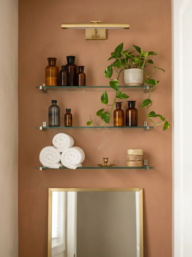 Terracotta plaster wall with three glass floating shelves holding amber apothecary bottles, a pothos, rolled white towels, and a brass candle below a gold mirror