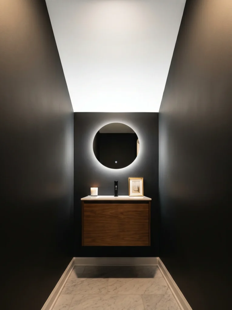 Narrow windowless powder room painted in near-black charcoal with a bright white ceiling, backlit round mirror glowing against the dark wall, floating walnut vanity, lit candle, small framed art, and marble floor